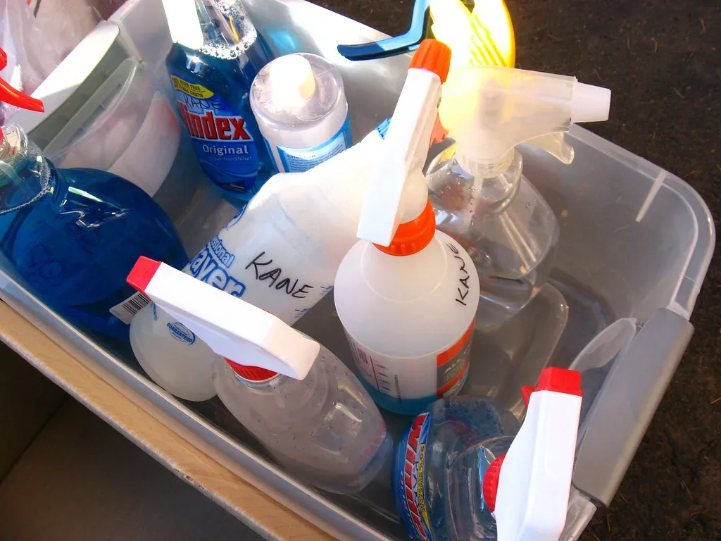 Cleaning products and spray bottles carried to every job