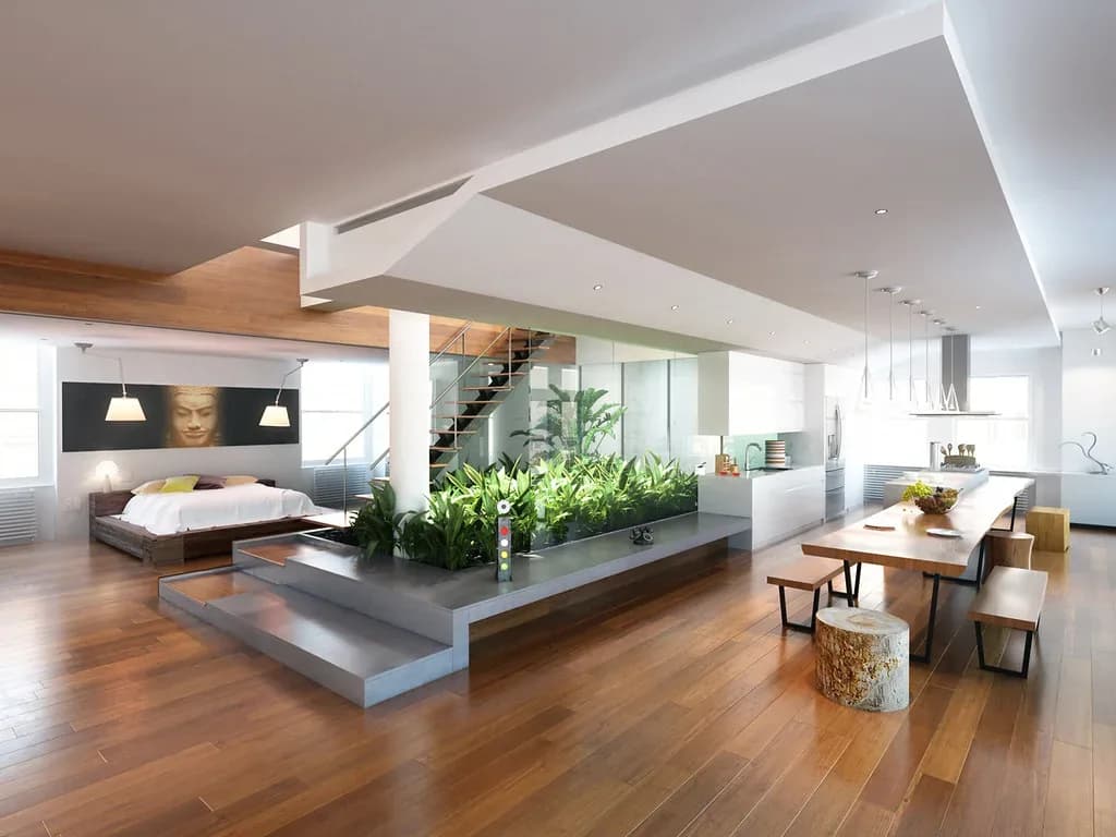 Bright open living area with wood floors after a cleaning visit